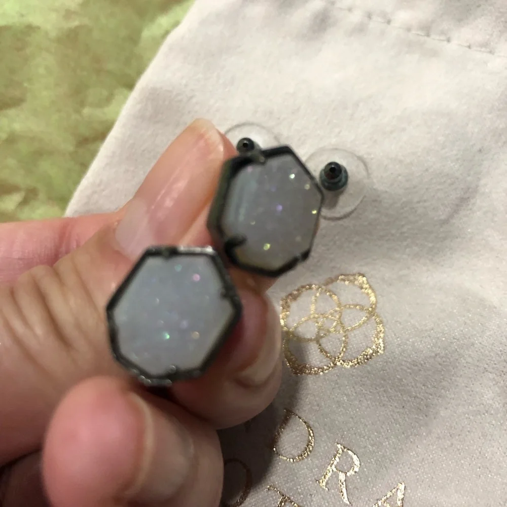 Kendra Scott White Iridescent Druzy Hexagon Stud Earrings